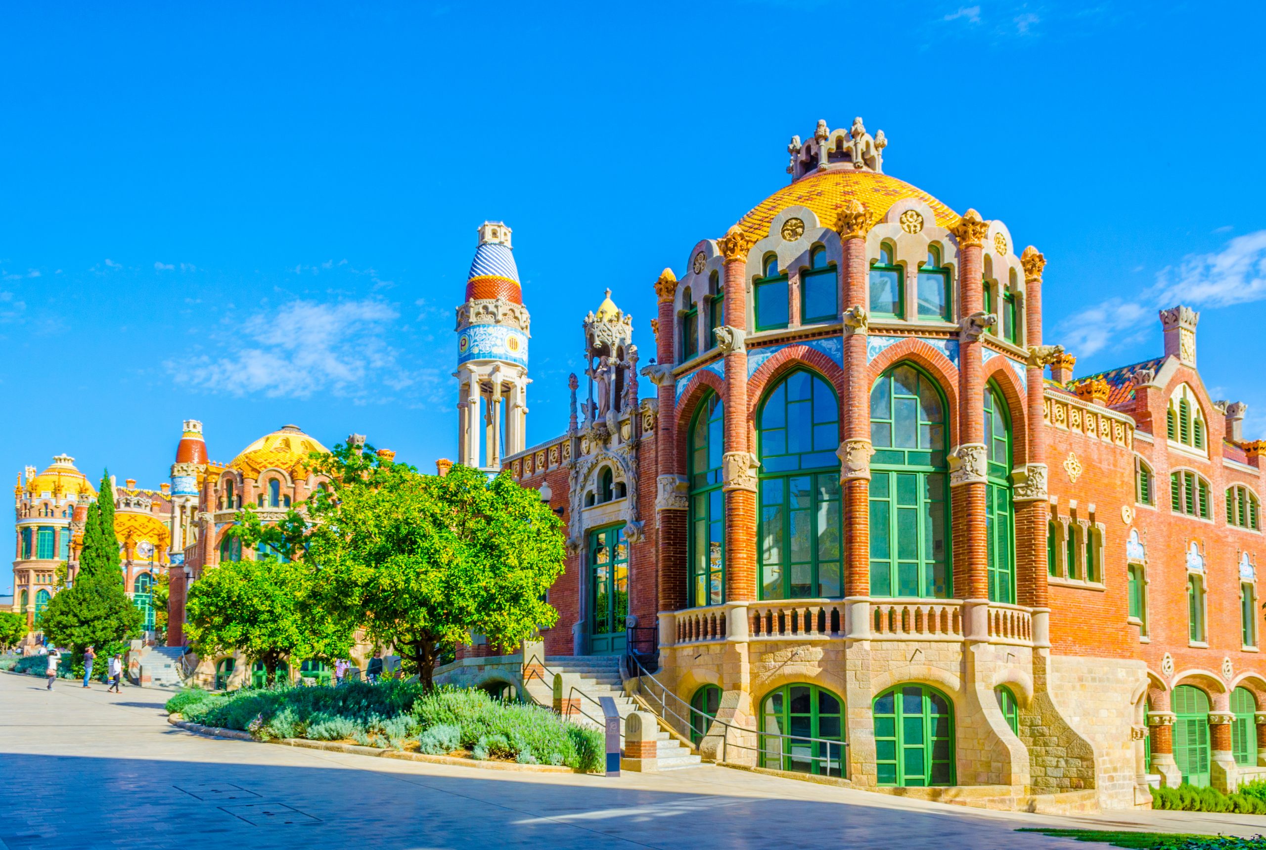 View of the former Hospital de la Santa Creu i Sant Pau in Barcelona, Spain.